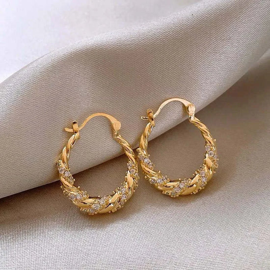 Gold Twisted Zircon Hoop Earrings